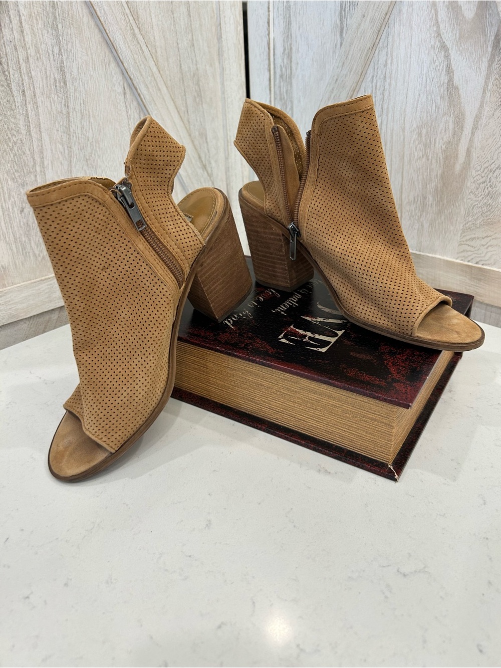 Steve Madden Tan Perforated Suede Peep-Toe Block Heel Mules